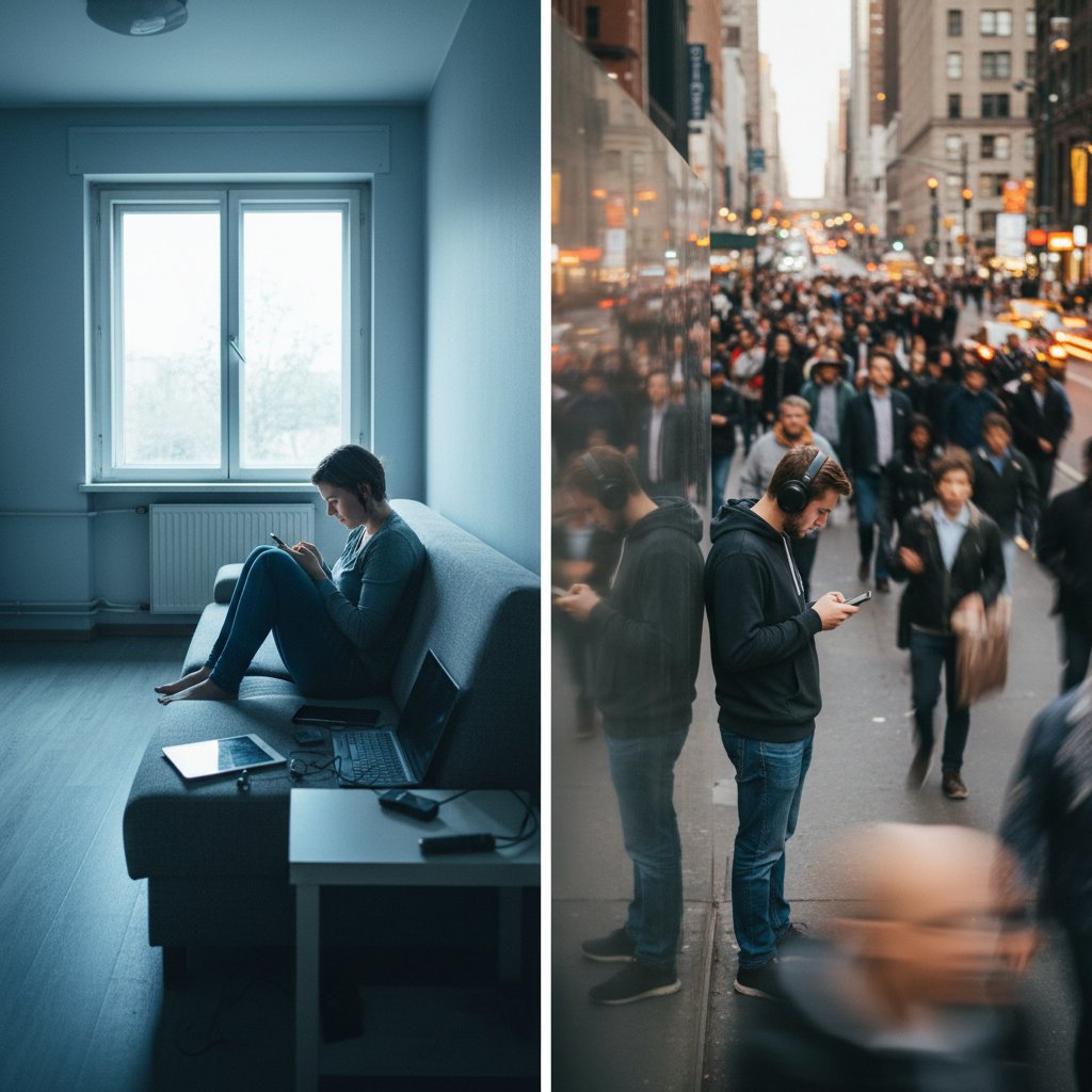 Współuzależnienie cyfrowe – kontrast między światem online i offline, podzielony ekran, telefon vs. izolacja fizyczna, współuzależnienie, cyfrowe relacje