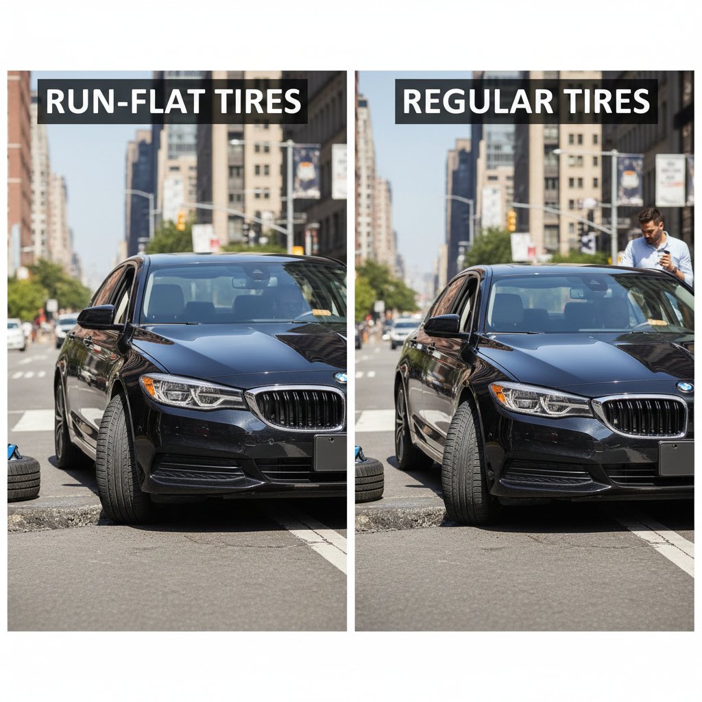 Split-screen photo of two cars—one with run flats, one with regular tires—on a city street, editorial style