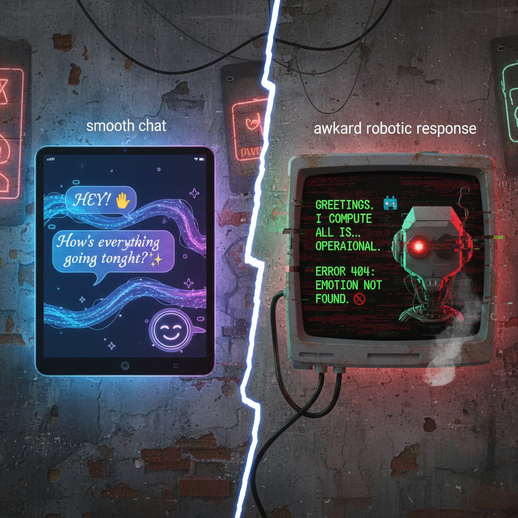 Porównanie płynnej rozmowy AI z niezręcznym, sztucznym dialogiem, rozmowy dopasowane do stylu mówienia