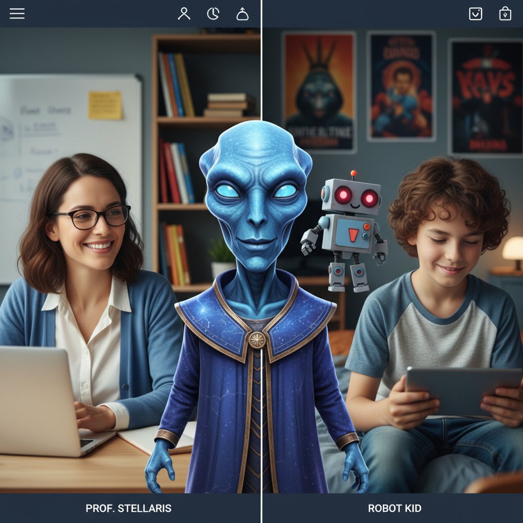 Człowiek i technologia w nauczaniu online – nauczyciel na webcamie, uczeń w otoczeniu cyfrowych awatarów, podział ekranu