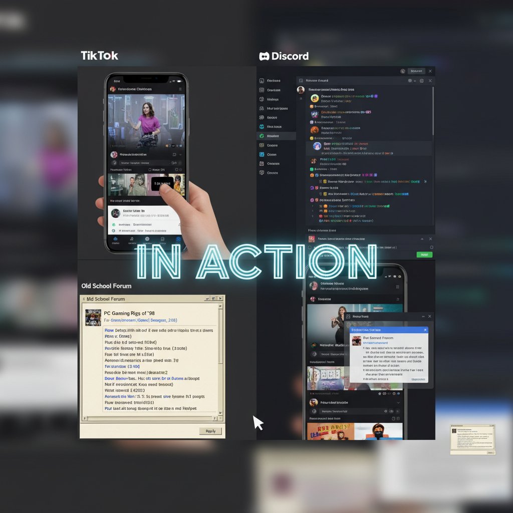Porównanie platform internetowych: TikTok, Discord, stare forum w akcji, różne poziomy slangu