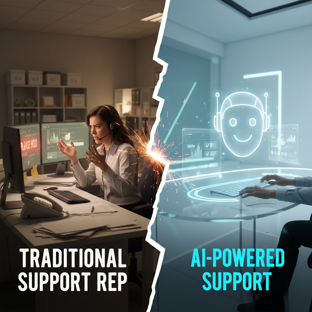 Split-screen photo showing traditional support rep and AI-powered support in action, high-contrast lighting