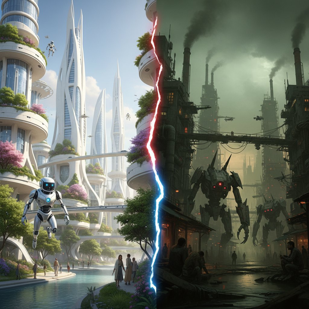 Miasto utopijne i dystopijne z robotami w obu sceneriach