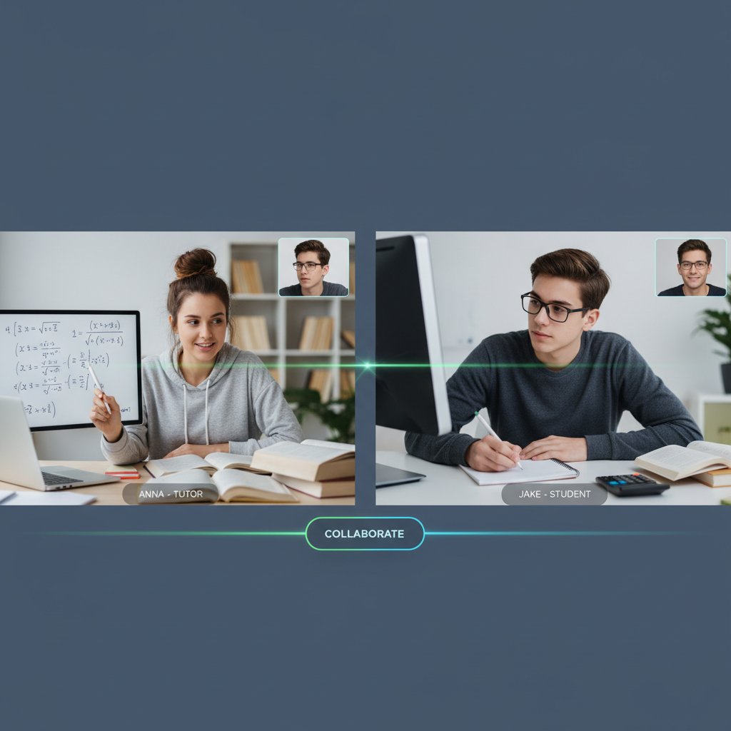 Rozmowa wideo student-tutor, podzielony ekran, kreatywna atmosfera