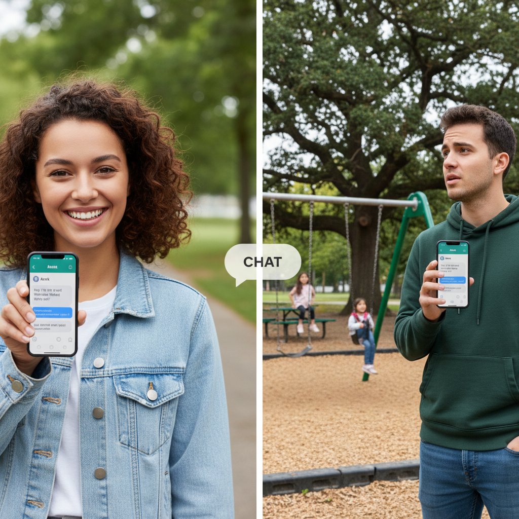 Porównanie rozmowy online i na żywo, rozmowa cyfrowa i spotkanie w parku