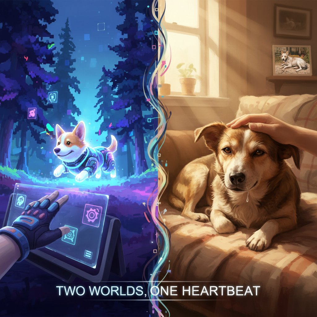 Podzielony obraz: po lewej gracz z wirtualnym psem, po prawej prawdziwy pies ratownik, kontrast emocji