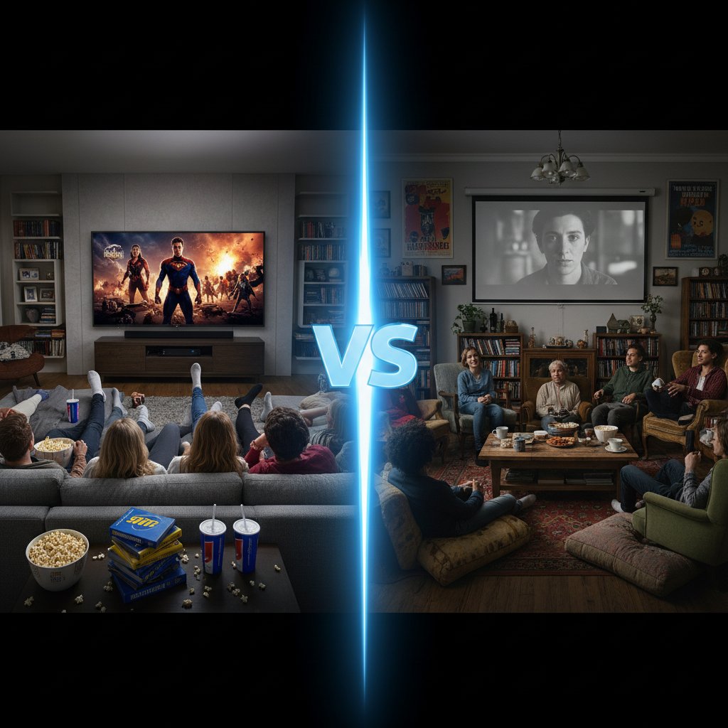 Split-screen of two contrasting living rooms—one watching a blockbuster, another a cult indie, both groups engaged