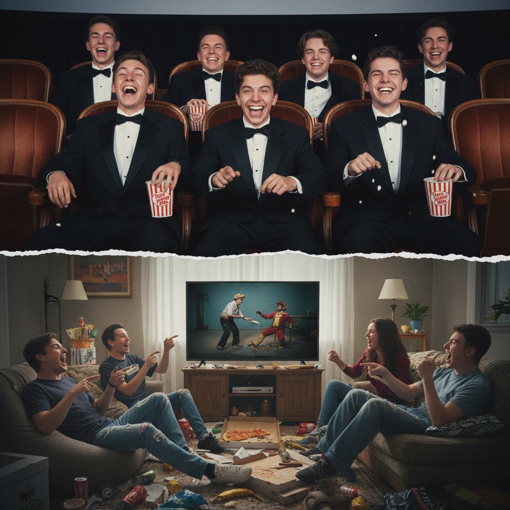 Split shot audience tuxedo teens both laughing at gag lowbrow comedy cinema
