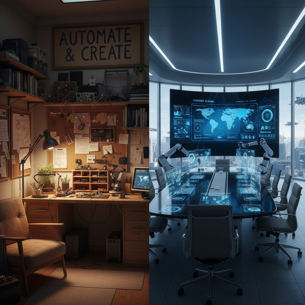 Zestawienie biura małej firmy z korporacyjną salą konferencyjną, dwa style automatyzacji