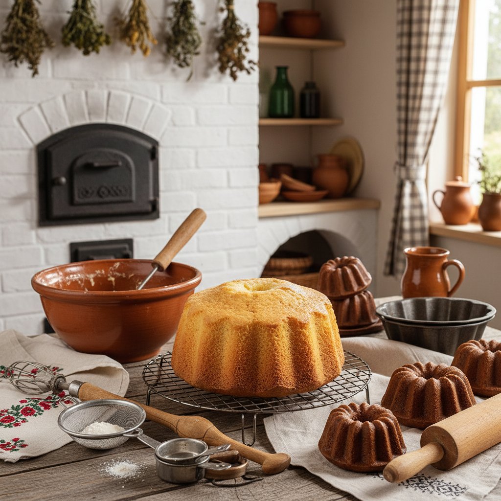 Tradycyjny biszkopt na drewnianym stole w polskiej kuchni, z widocznymi narzędziami do pieczenia