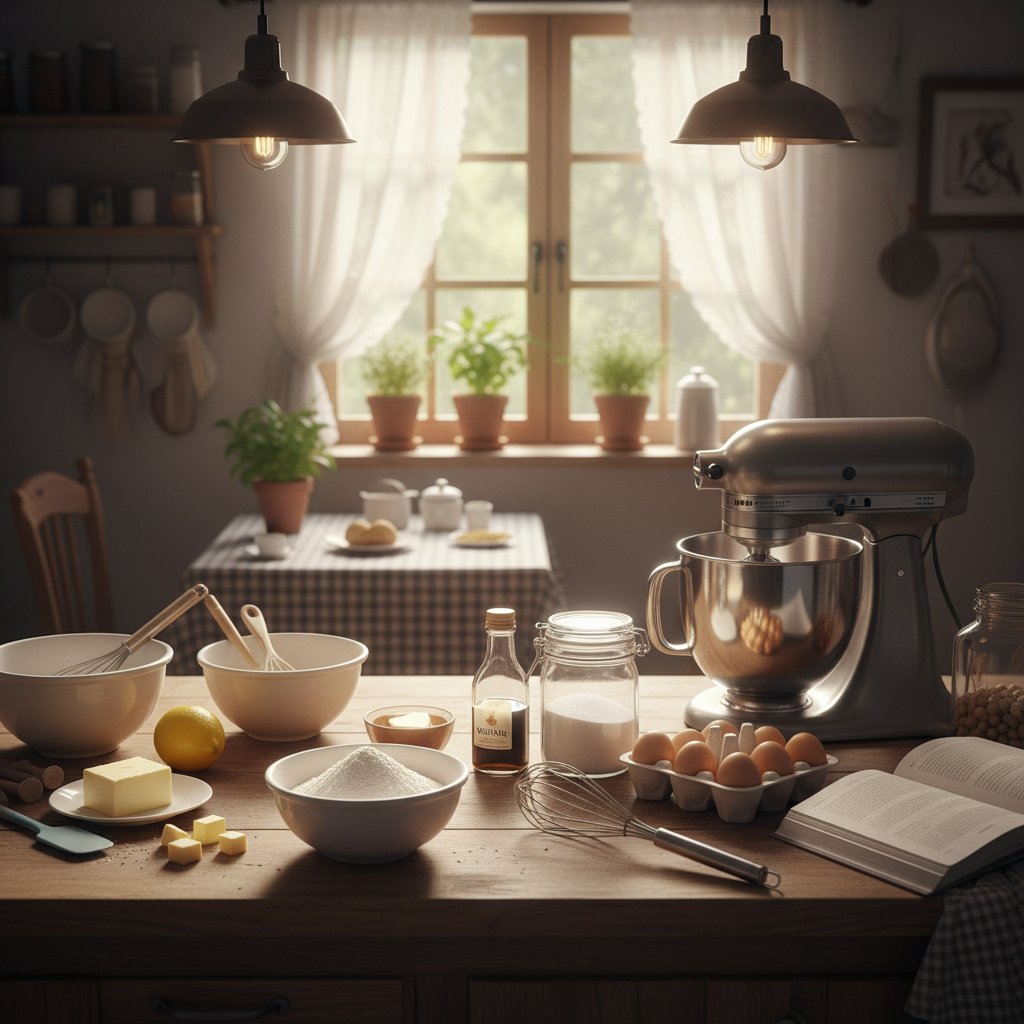 Składniki na biszkopt ułożone na stole, widoczne narzędzia kuchenne, klimat domowej kuchni