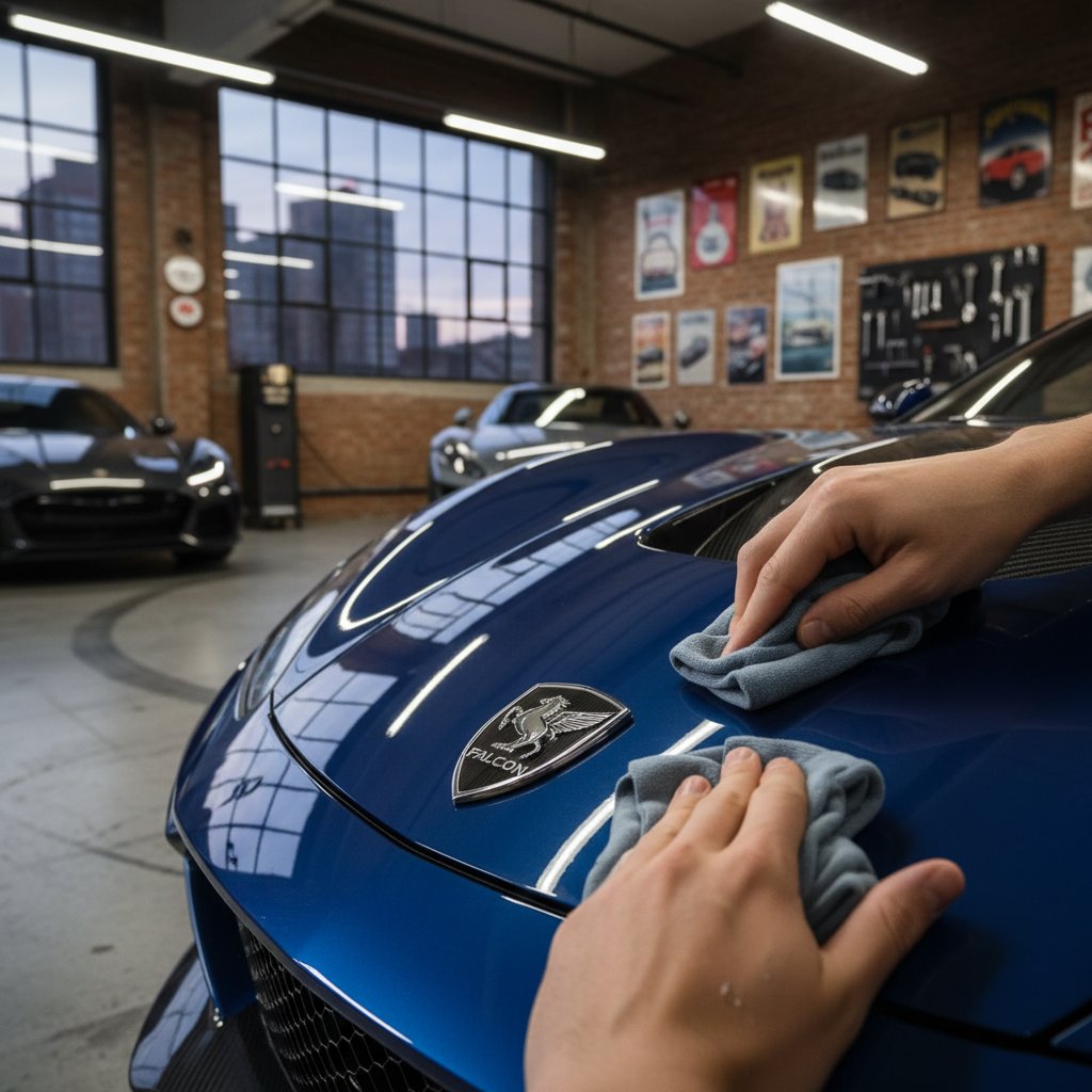Hand polishing sports car badge in urban garage, sports car maintenance pride and anxiety