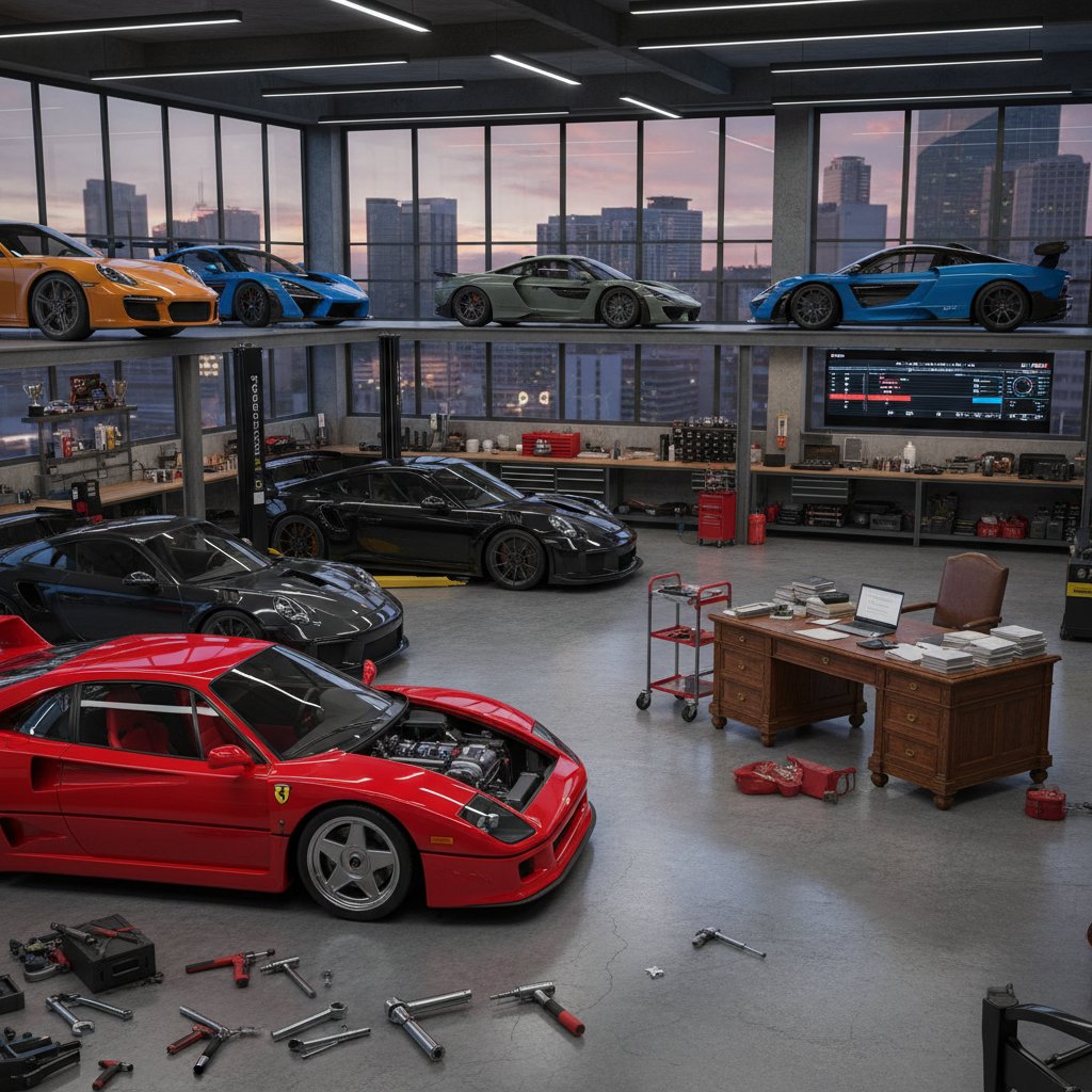Sports car collector’s garage with tools and records, high-end maintenance and documentation