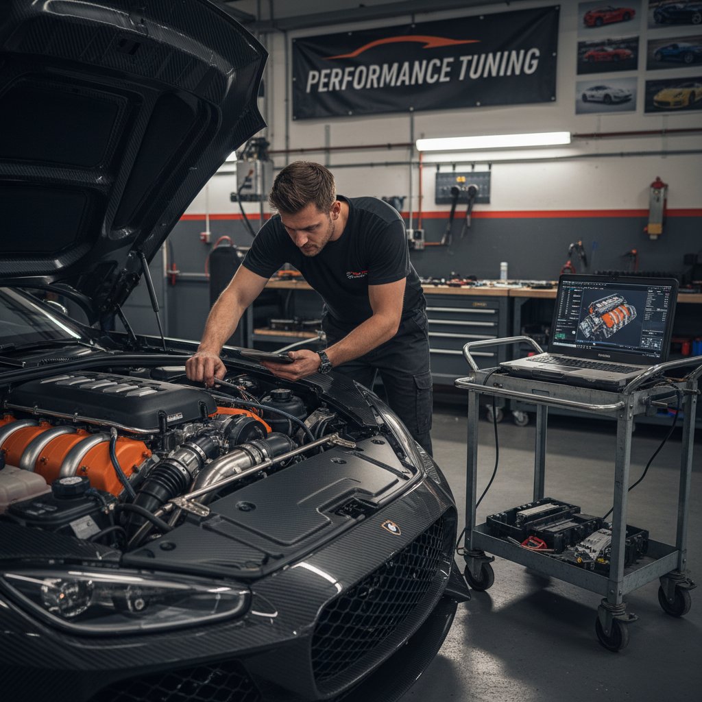 Mechanic tuning sports car engine with laptop, advanced diagnostics tools