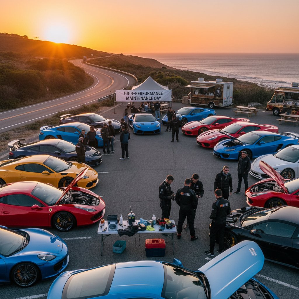 Sports car community sharing maintenance tips outdoors, owners at a meet-up