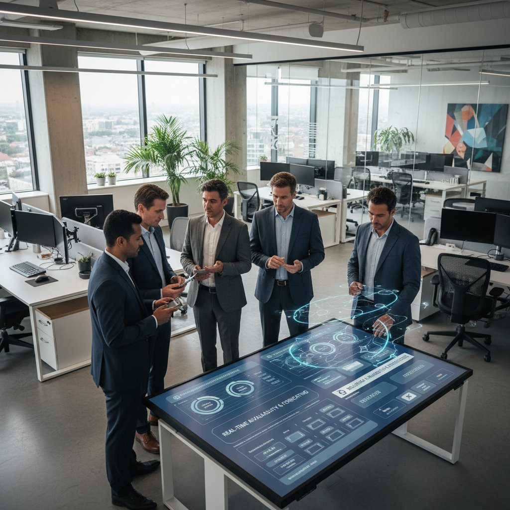 Grupa menedżerów sportowych analizujących dostępne systemy rezerwacji, burza mózgów, nowoczesne biuro