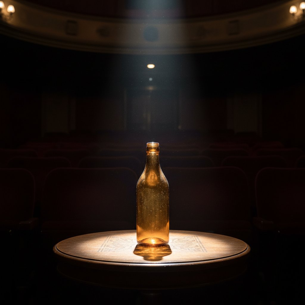 Spotlight on a bottle in a dark movie theater, moody contrast, movie rehabilitation movies
