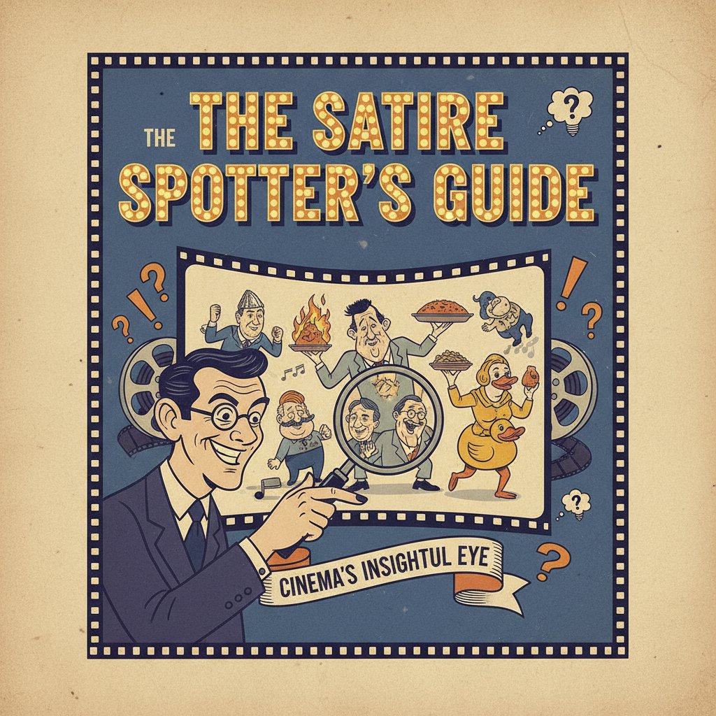 Sharp, infographic-style visual guide to spotting satire in film scenes; clean, modern design
