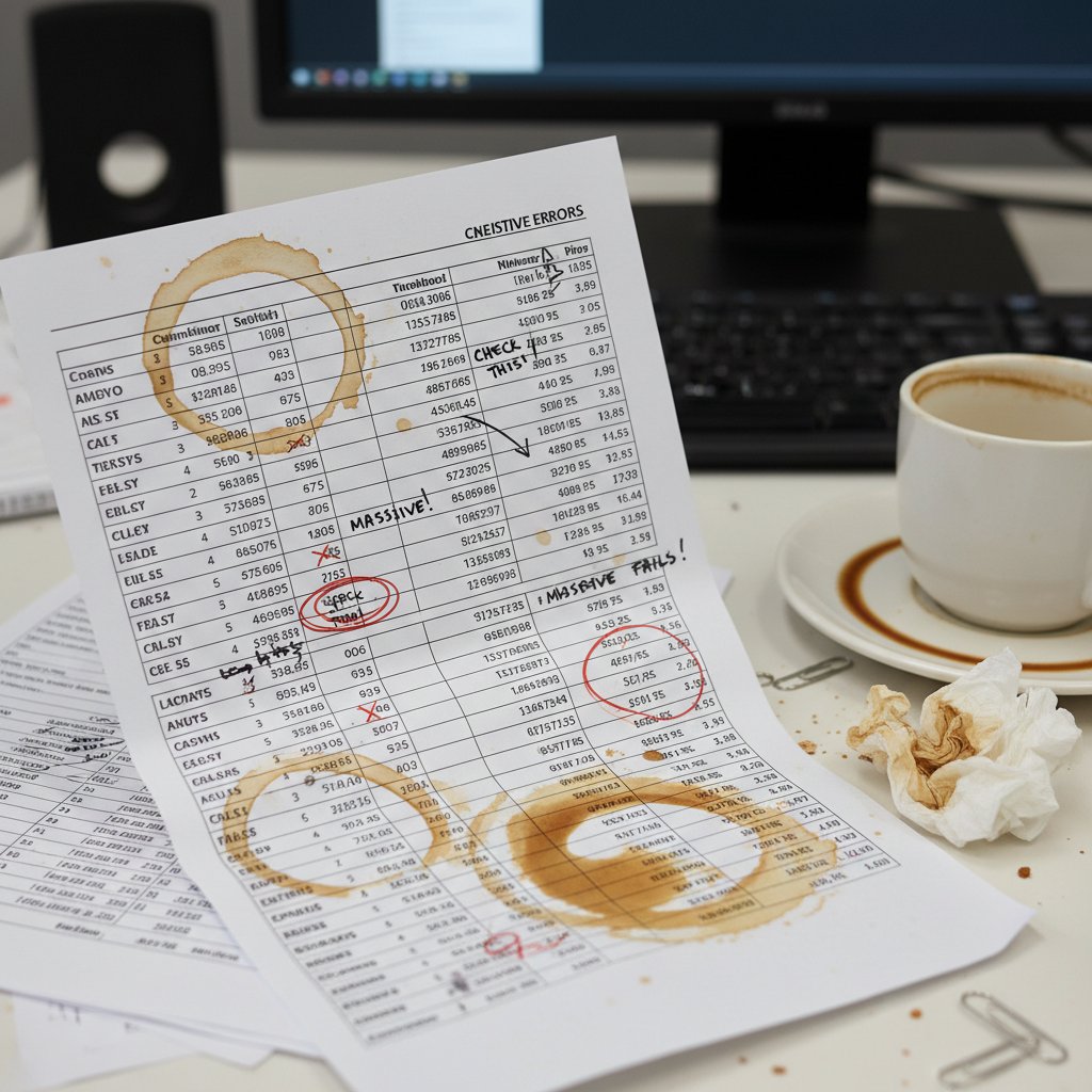 Close-up of a spreadsheet showing financial mistakes and overlooked data points, with highlighted errors and coffee stains, representing the consequences of inaccurate interpretation