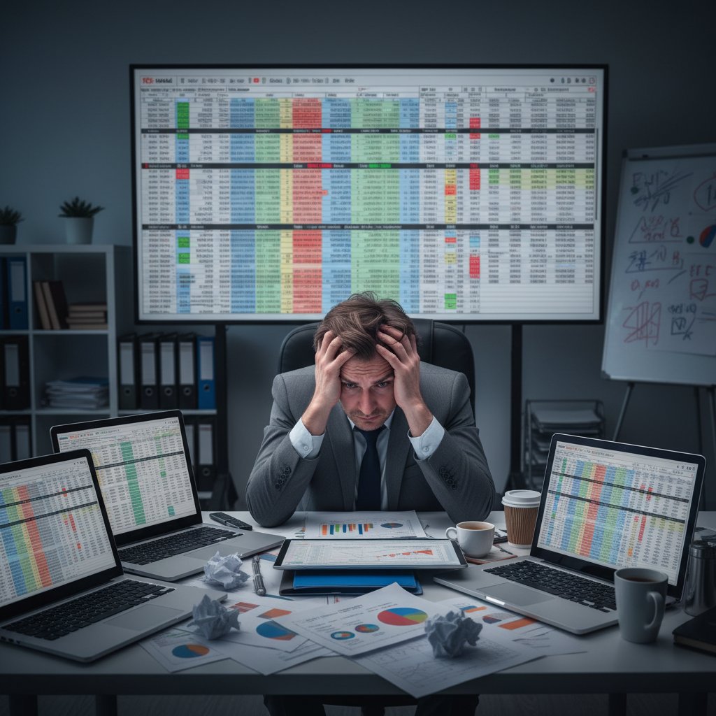 A team leader reviewing a wall of printed spreadsheets, showing the overwhelming scale of spreadsheet use