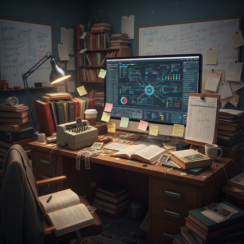 Montage of old spreadsheets, punch cards, and modern digital dashboards in a chaotic workspace, illustrating the evolution of academic data analysis tools