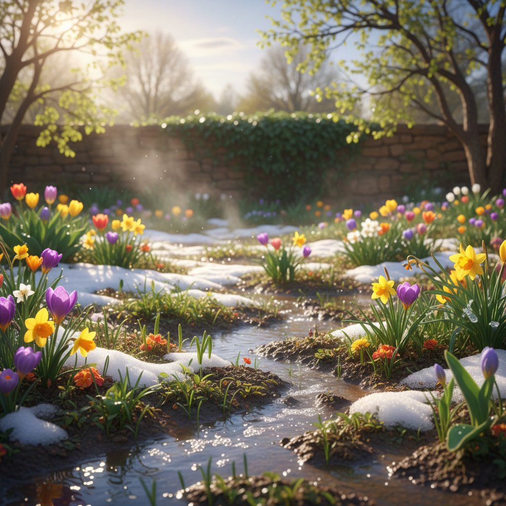 Wiosenny ogród, z różnymi kwiatami w różnych fazach wzrostu na tle topniejącego śniegu