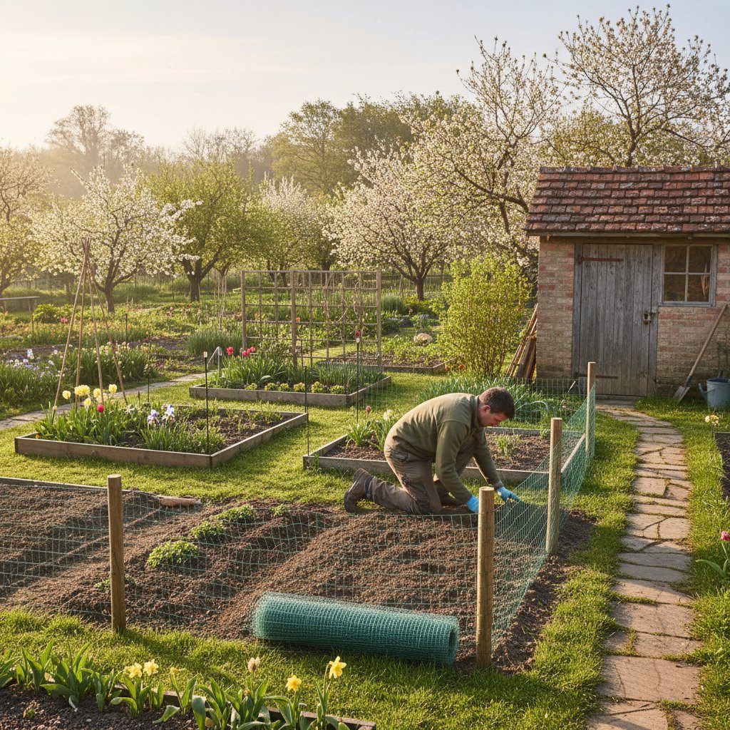 Ogród na wiosnę, ogrodnik przygotowujący grządki i montujący siatkę