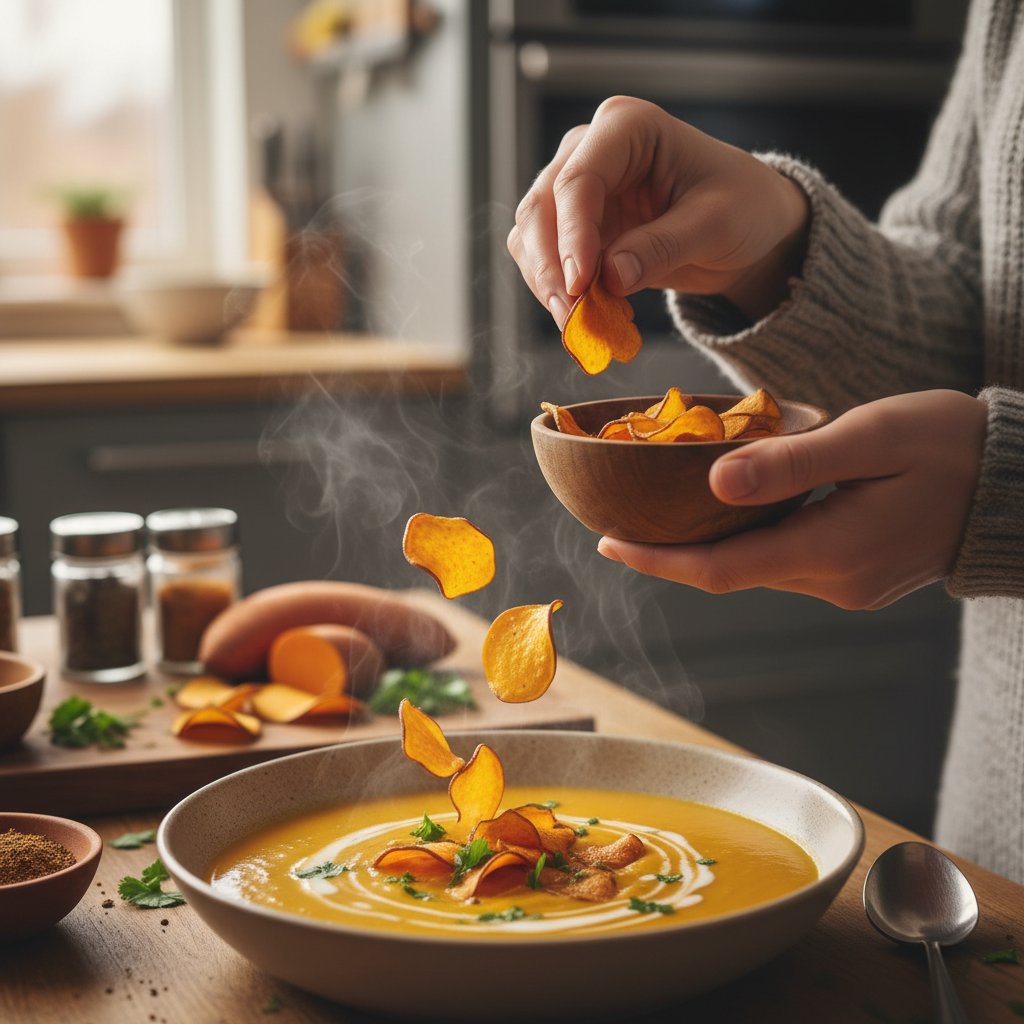 Osoba posypująca kremową zupę pokruszonymi chipsami z batatów