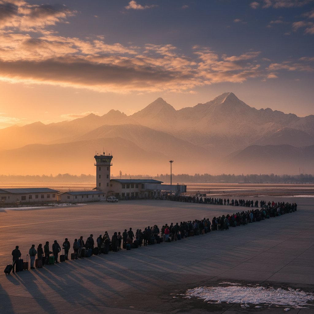 Crowds gather at Srinagar Airport during pre-dawn departures, anxious travelers checking flight boards in a high-altitude setting