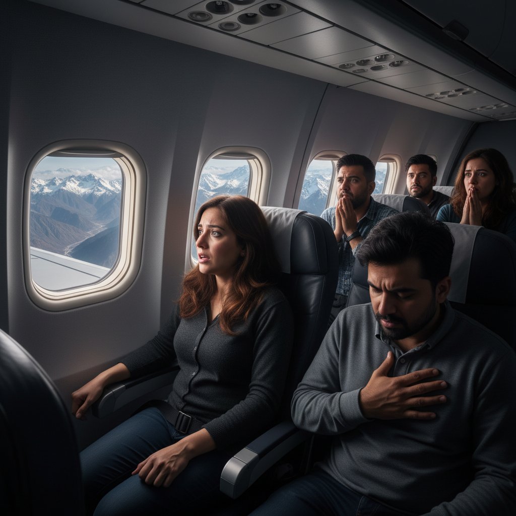 Passengers flying over Kashmir landscape from Srinagar, anxious faces glancing out at rugged terrain