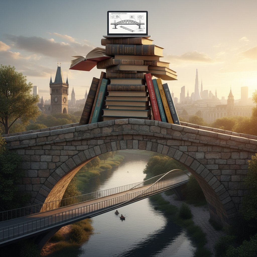 Stos książek papierowych i laptop z otwartą lekturą szkolną, symboliczny most między przeszłością a teraźniejszością