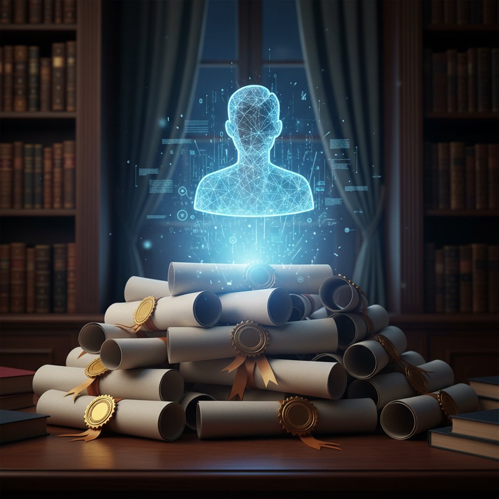 Stos papierowych dyplomów blaknących na tle świetlistego, cyfrowego profilu korepetytora online