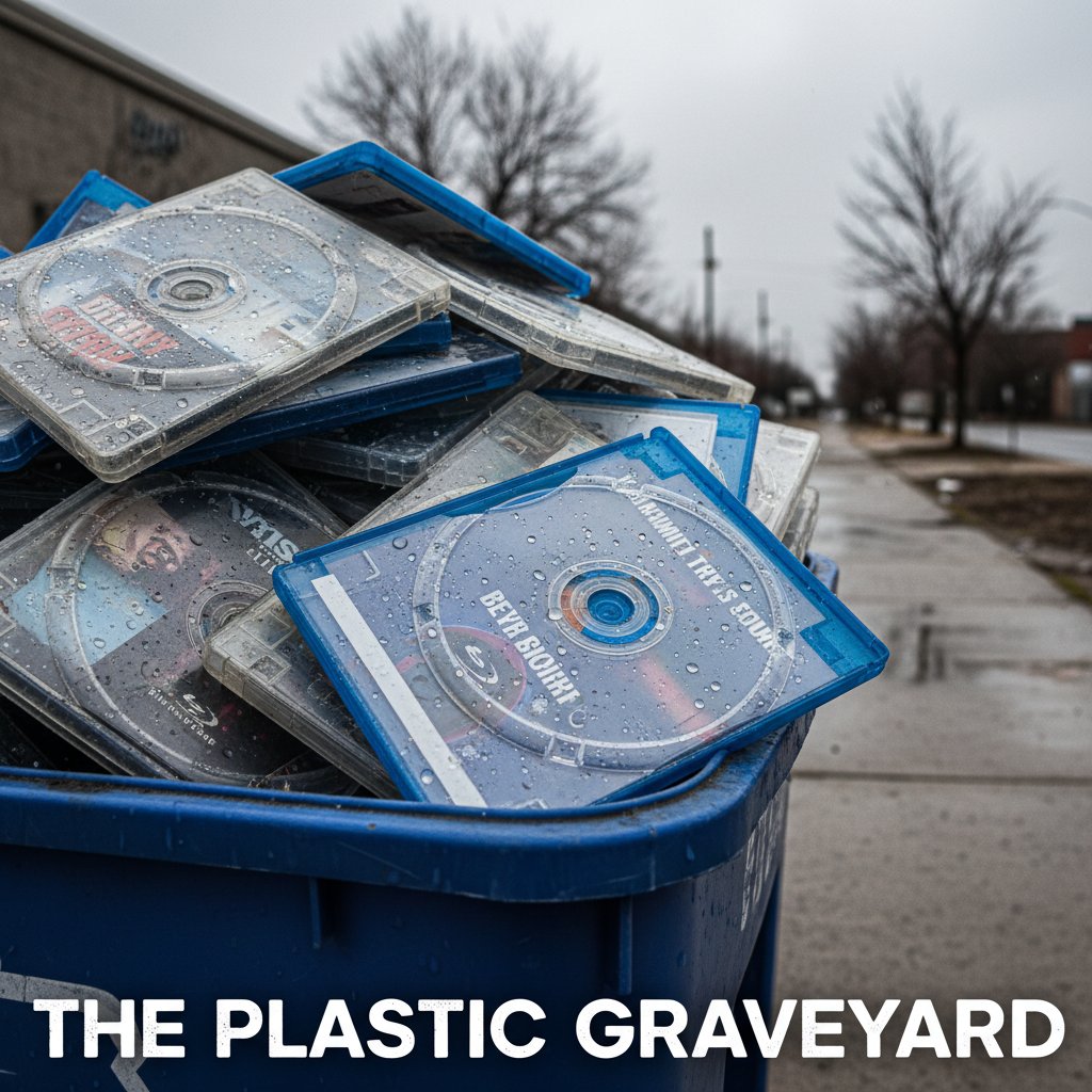 Stack of discarded DVD/Blu-ray cases in recycling, environmental photojournalism, thought-provoking somber, sustainability of anniversary edition movies