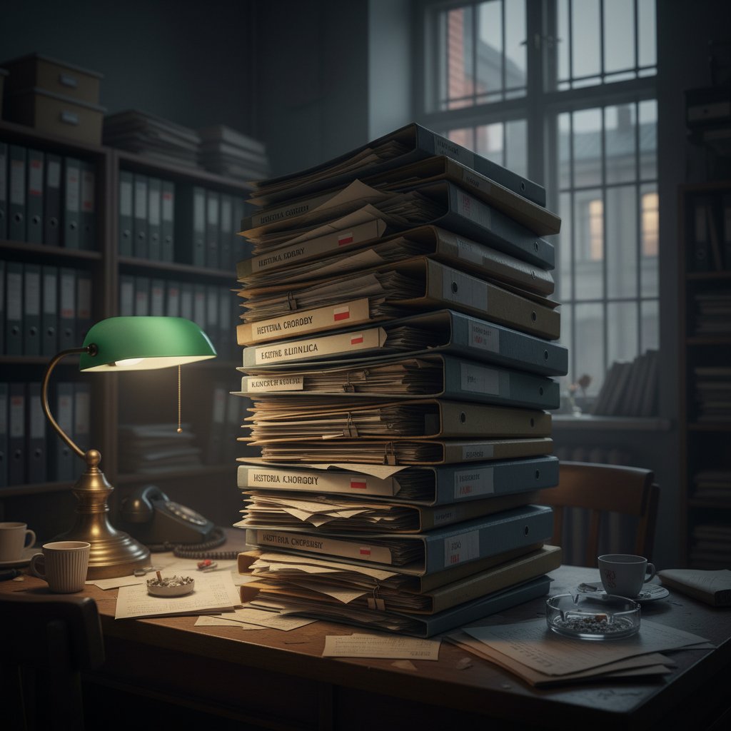 Stos teczek z dokumentacją medyczną w polskiej przychodni