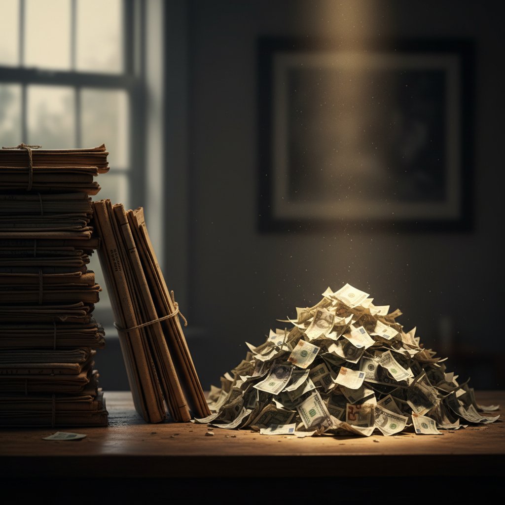 Unused scripts and cash, symbolizing lost profits from age bias in Hollywood