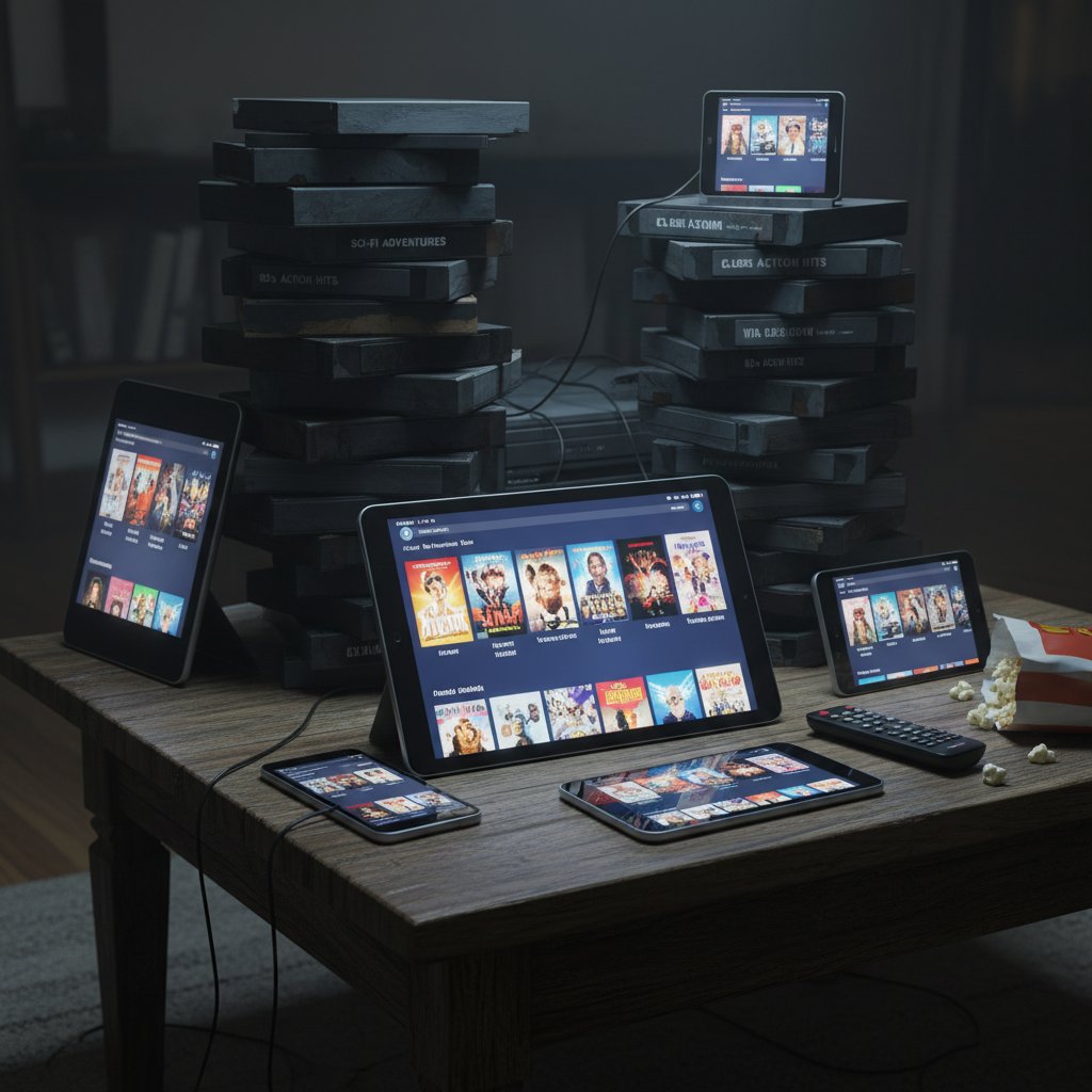 Visual metaphor for evolution from physical media to endless digital movie options, showing a stack of VHS tapes transitioning into glowing streaming screens.