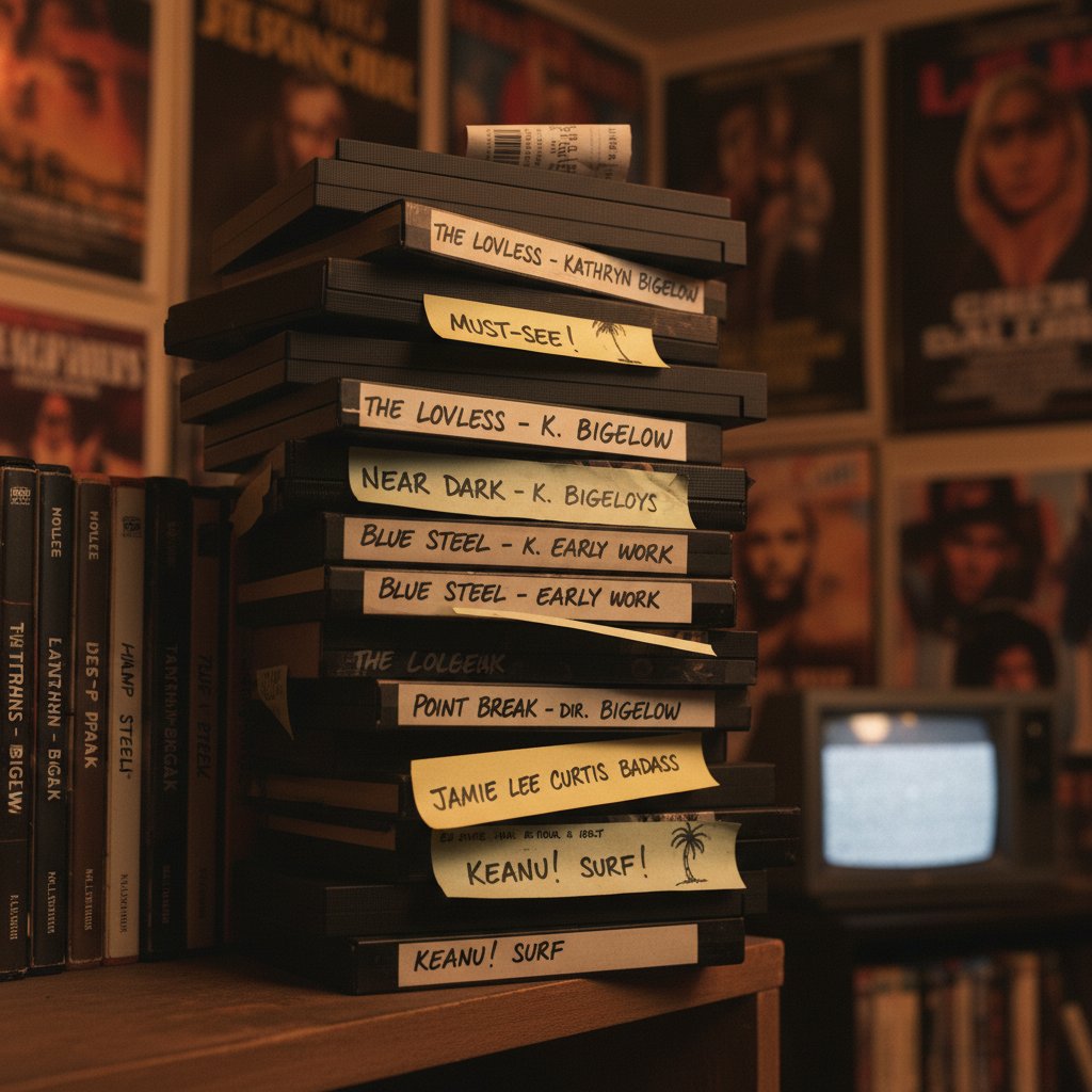 Stacked VHS tapes of bigelow’s early films with handwritten notes, indie video store nostalgia