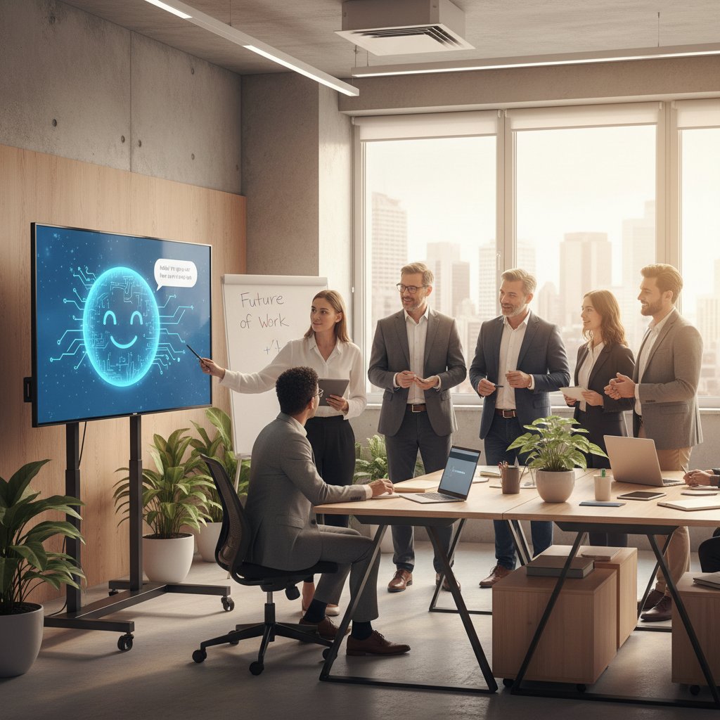 Staff training session with AI chatbot demo, modern publishing office, collaborative and optimistic atmosphere