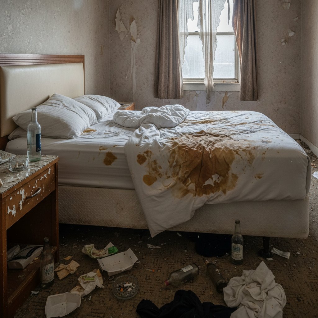 Plamy na pościeli w tanim hotelu, szczegółowe zbliżenie