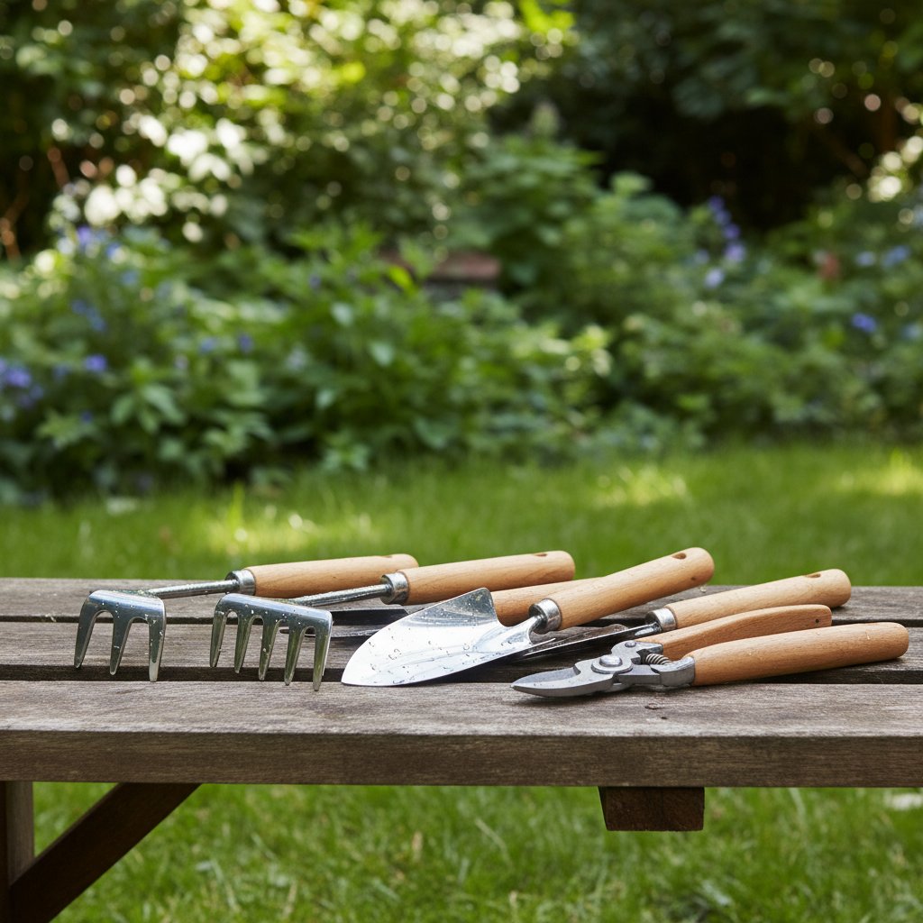 Solidne narzędzia ogrodnicze z drewna i stali na tle zieleni