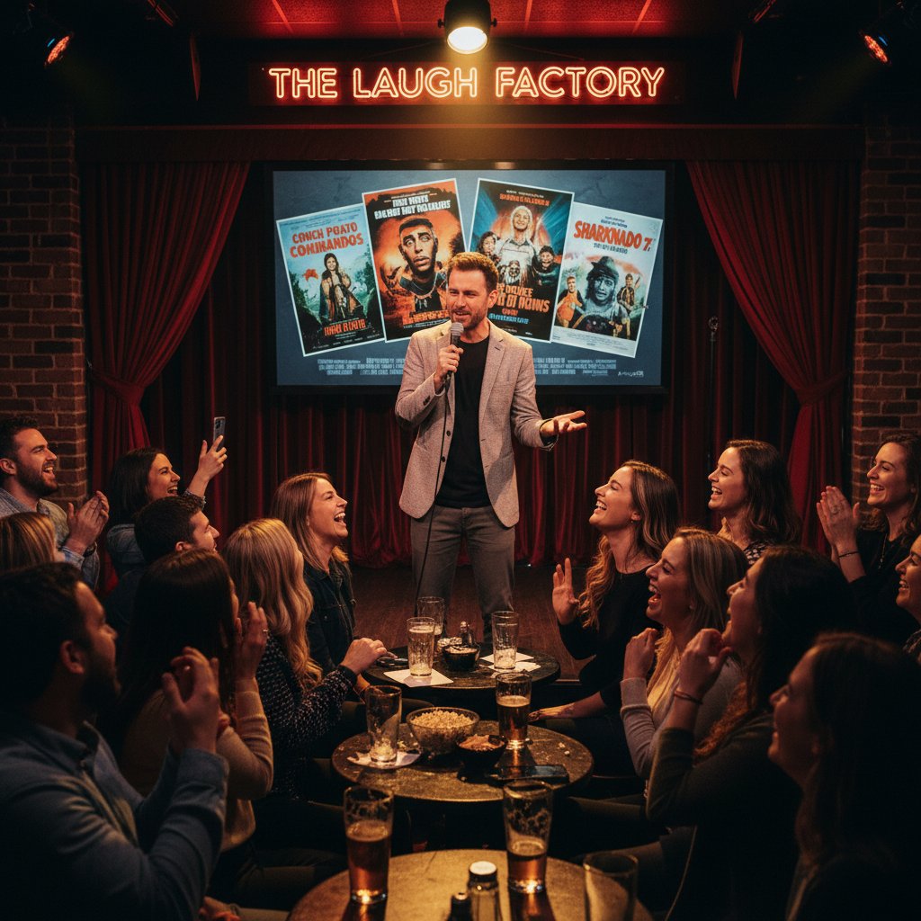 Stand-up comedian riffing about movie flops to engaged audience