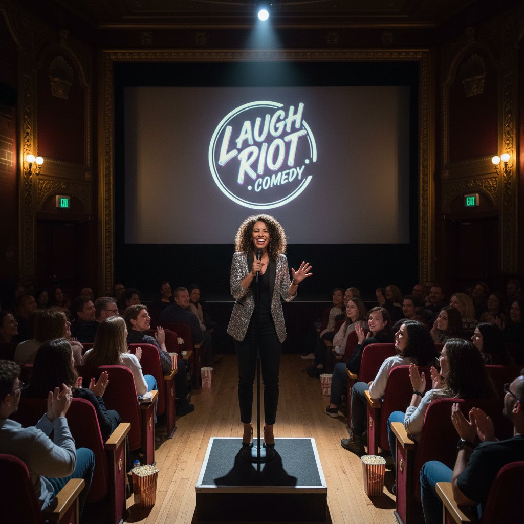 Comedian on stage before a movie screening