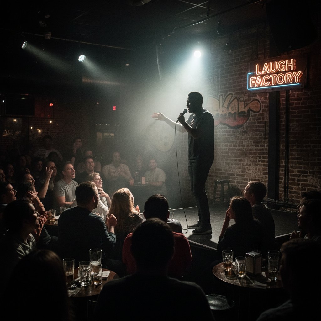 Stand-up comic performing for an engaged crowd in an urban comedy club abroad, documentary style