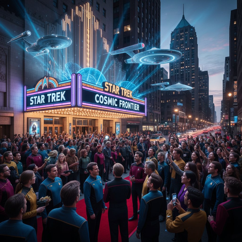Cinematic shot of diverse fans at a midnight premiere, anticipation on faces, urban setting, energetic, high contrast