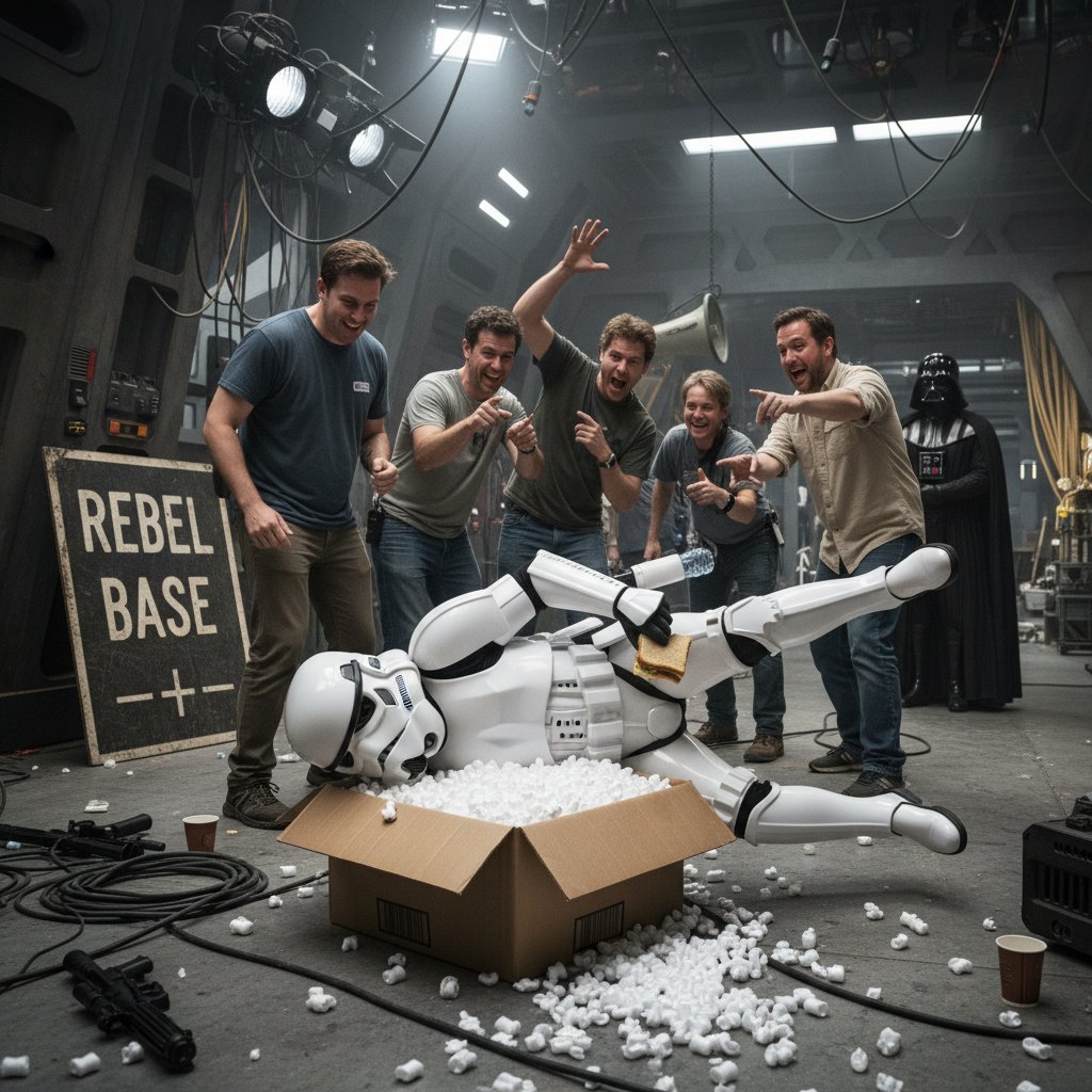 Stormtrooper actor on Star Wars set, mid-bump into door, film crew reacting