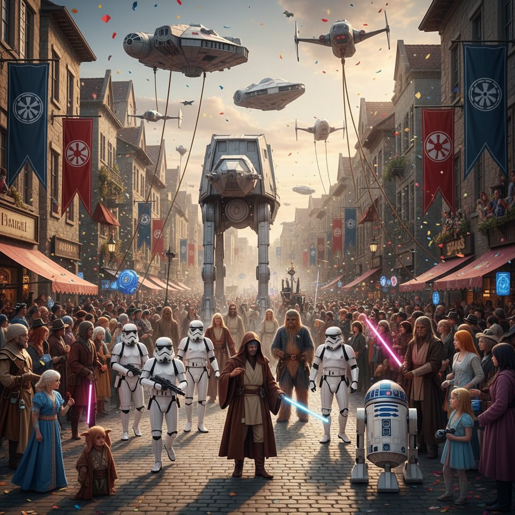 Star Wars cosplayers at a festival, vibrant costumes and lively atmosphere