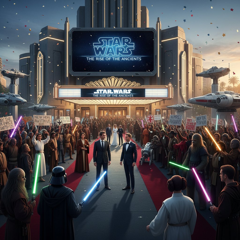 Diverse Star Wars fans at a movie premiere, crowd in costumes excited for the latest release