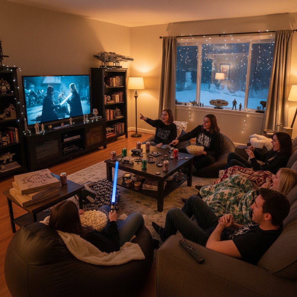 Friends watching Star Wars movies together in a cozy living room marathon setup