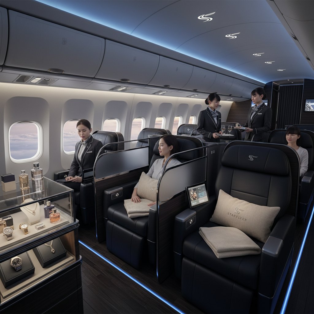 Starflyer crew and passengers inside a boutique-style cabin, black leather seat interiors, premium vibe