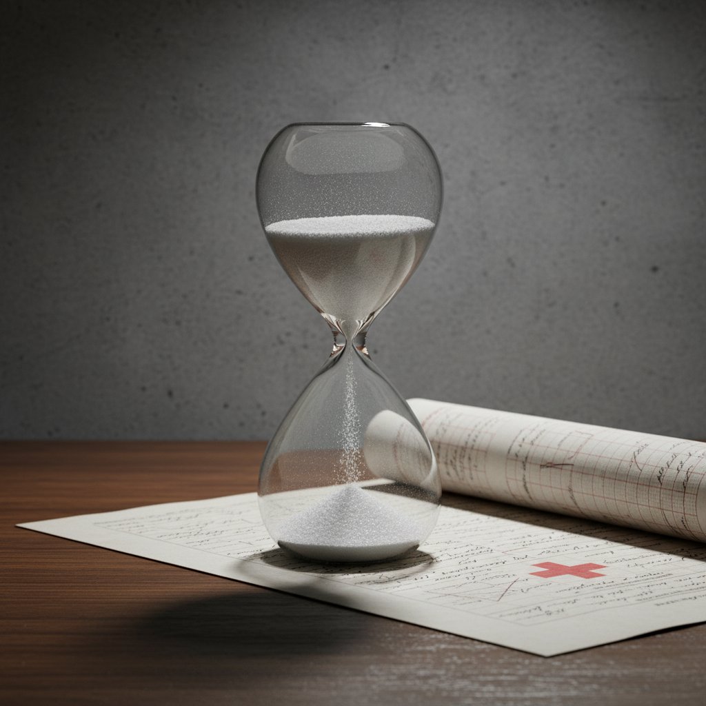 Klepsydra z białym proszkiem zamiast piasku na tle karty medycznej.